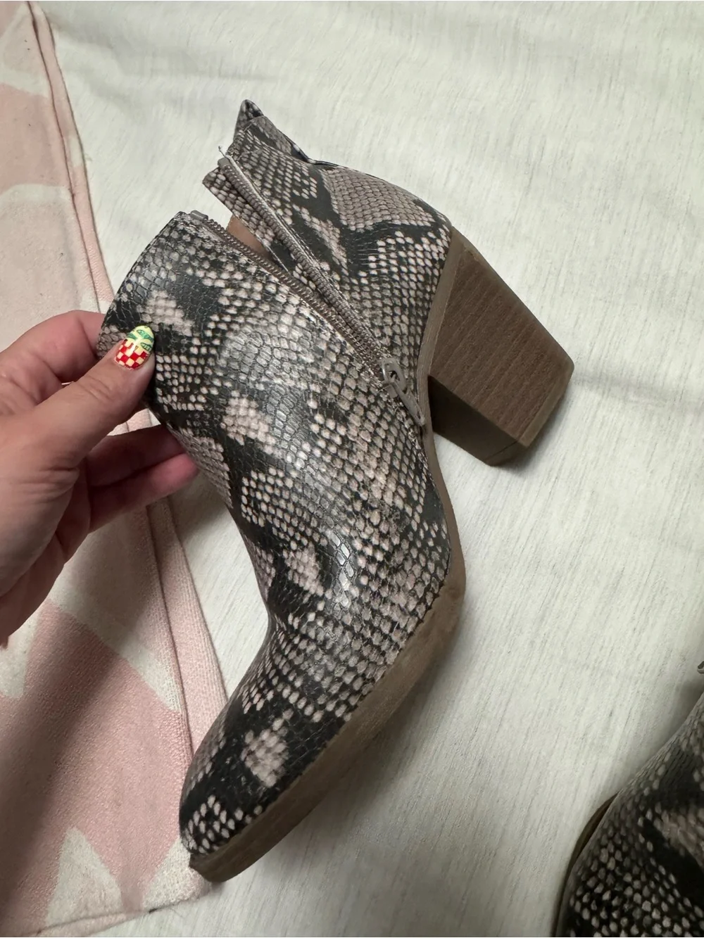 Universal Thread Snake-Print Ankle Boots in Taupe and Black